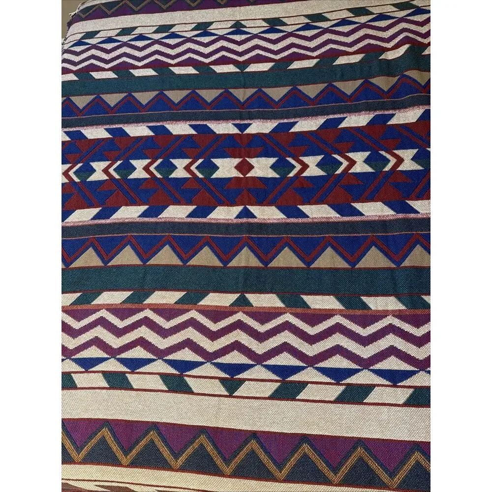 Vintage Tapestry Throw Blanket 1990s Southwestern Fringe Woven Western Red Aztec